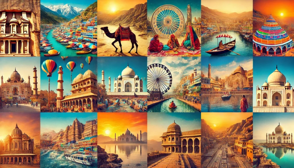 dall·e 2024 10 04 09.22.48 a vibrant collage combining scenes from different indian states mentioned uttarakhand, rajasthan, himachal pradesh, karnataka, kerala, uttar pradesh